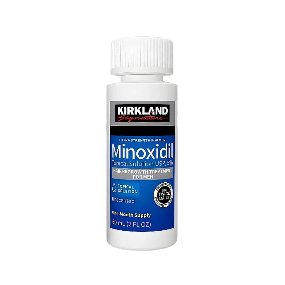 Foto real do Minoxidil Kirkland lacrado na caixa.